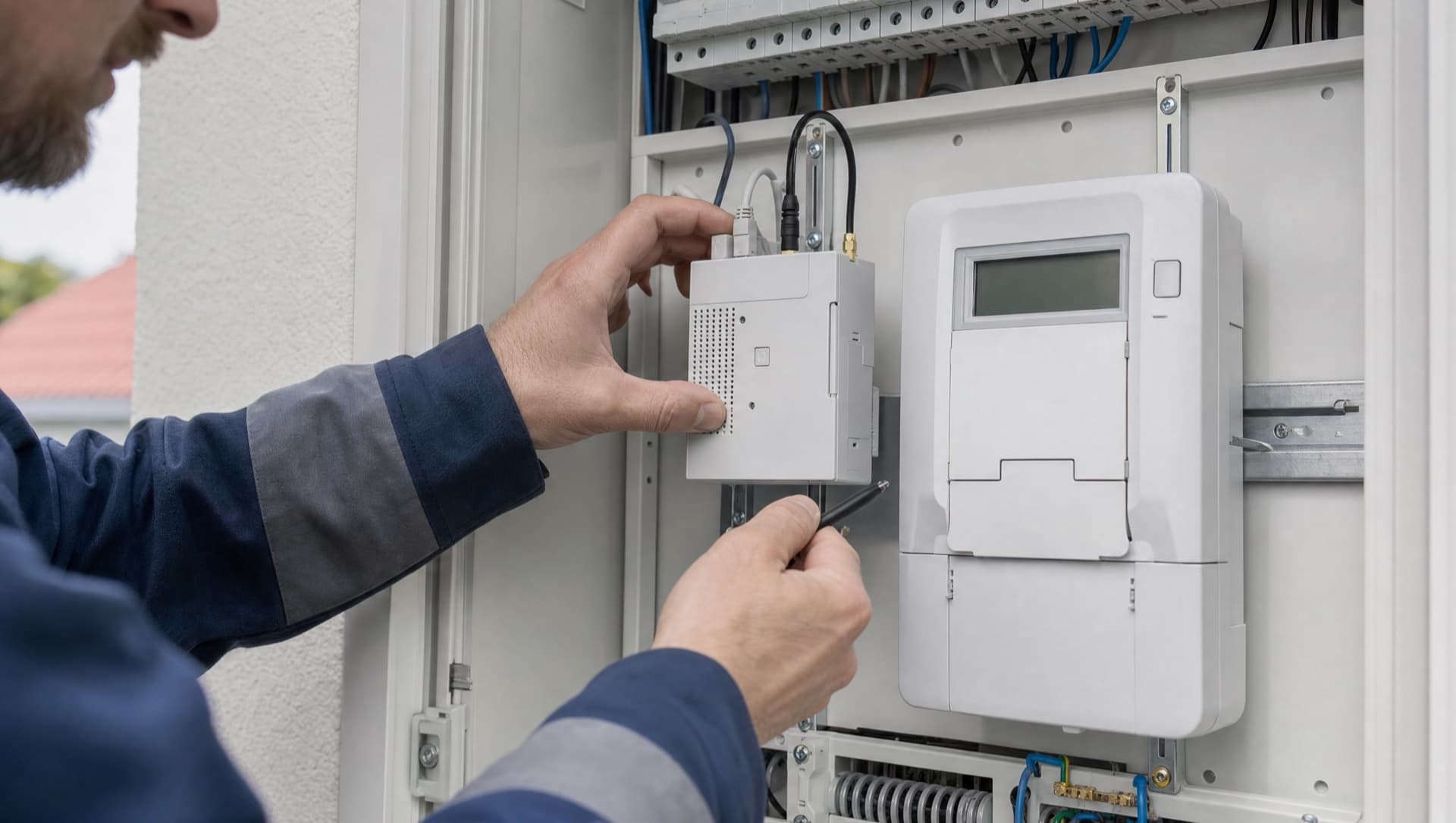 Monteur prüft ein Smart-Meter-Gateway in einem deutschen Zählerschrank